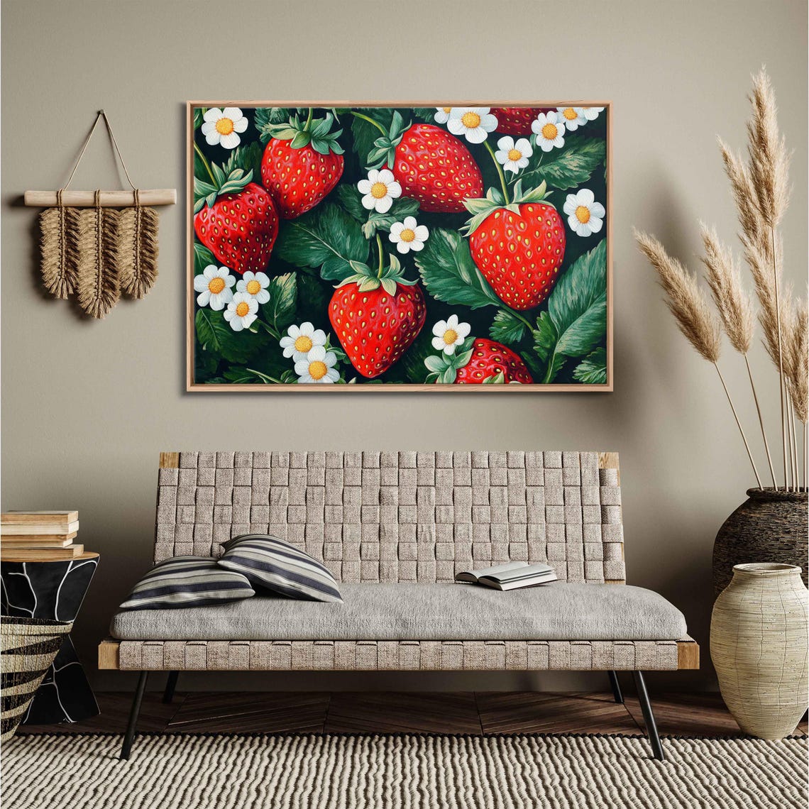 Bold Red Strawberries With Blossoms On Dark Background Painting - Image 3