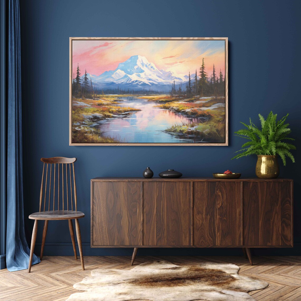 Lone Snowy Peak Sunset Pink Sky River Reflection Landscape Painting Poster - Image 3