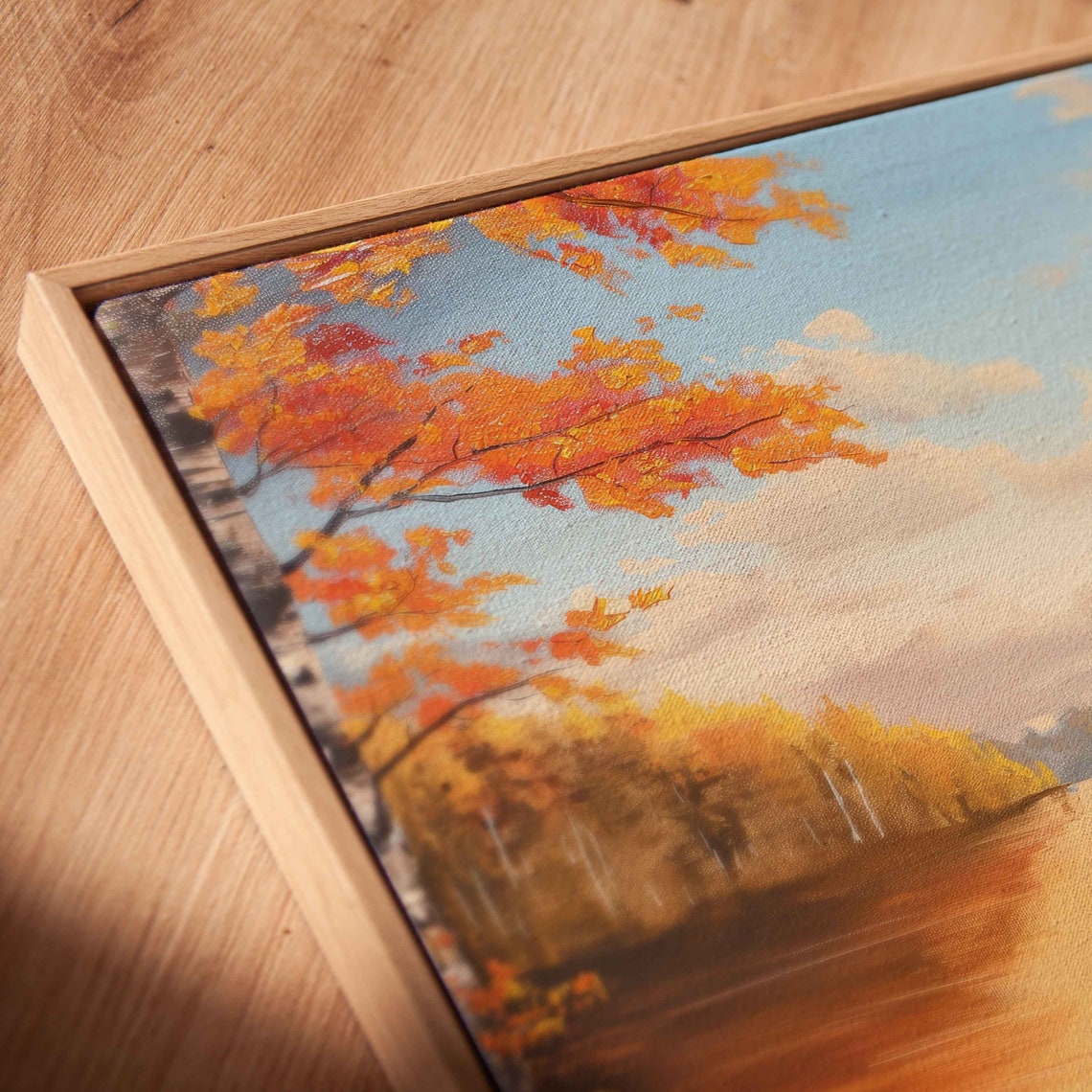 Lone Canoe On Calm Autumn Lake With Golden Birch Trees Painting Poster - Image 2