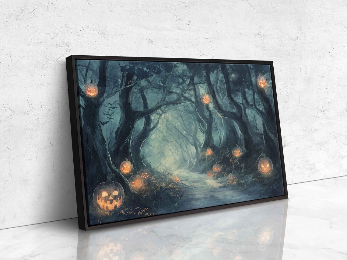 Moonlit Forest Path Lined With Glowing Jack O Lanterns Watercolor Wall Art - Image 4