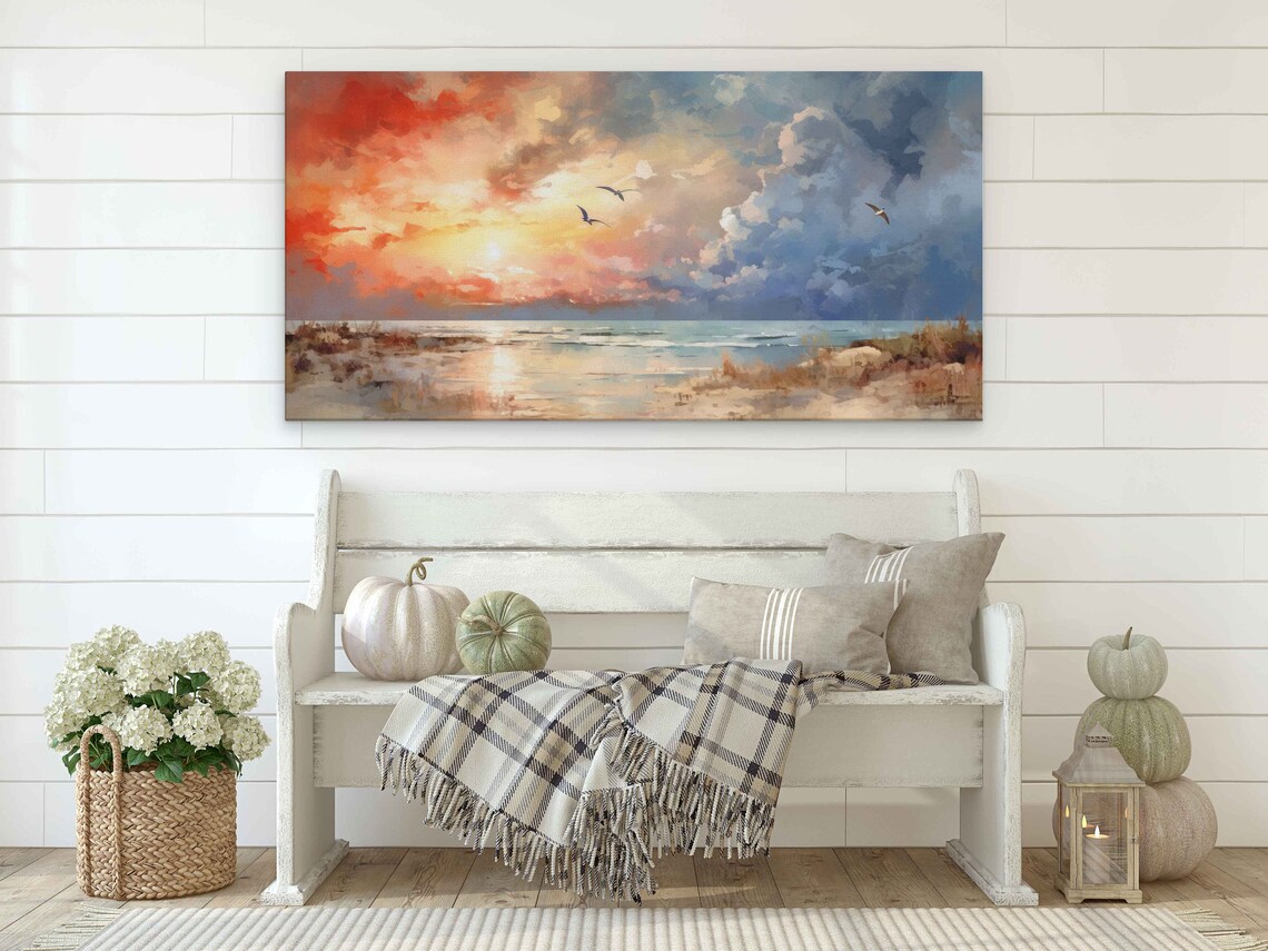 Abstract Beach Sunset Watercolor Seagulls Flying Ocean Shore Golden Sky Travel Poster - Image 4