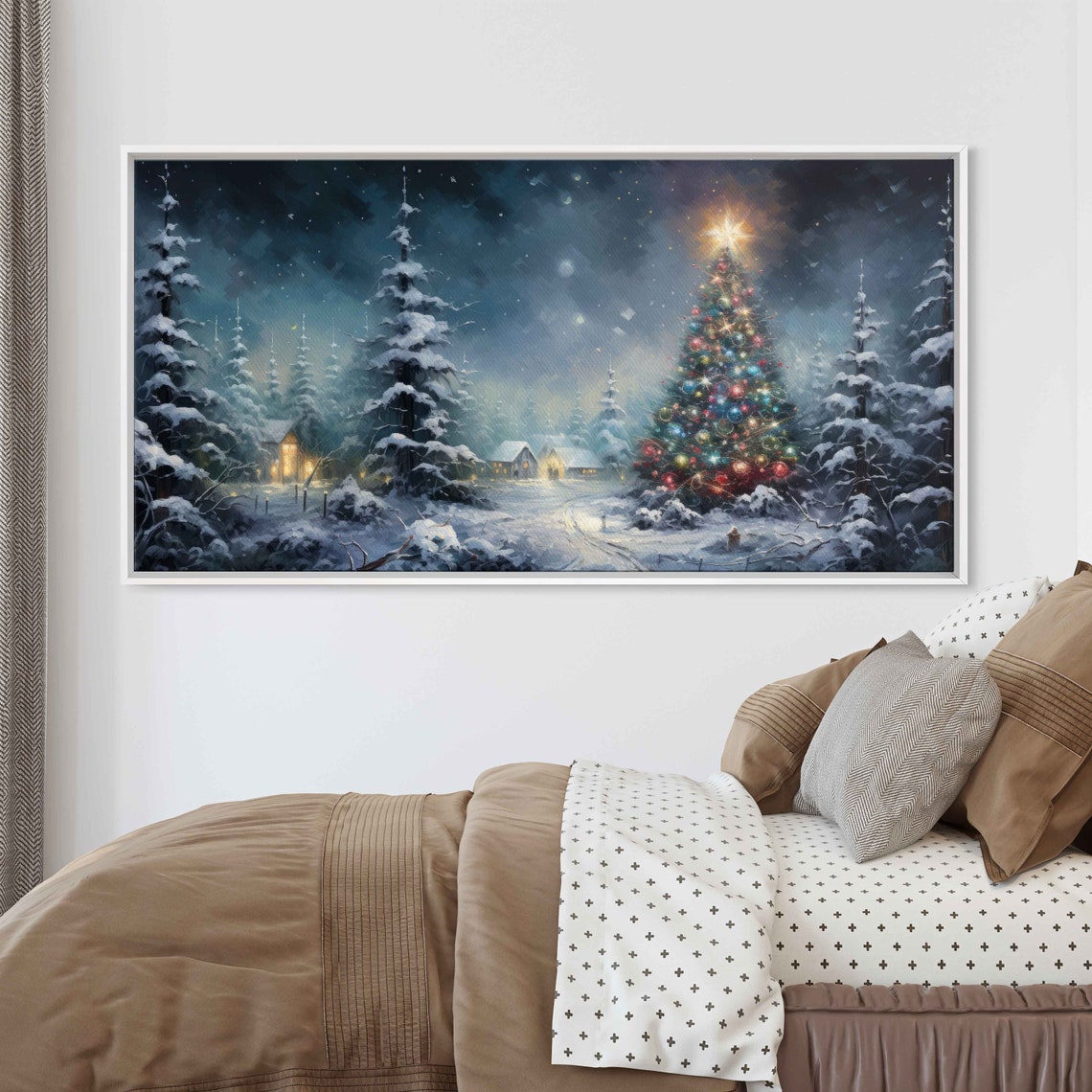 Winter Christmas Tree Snowy Village Starry Night Painting Poster - Image 3