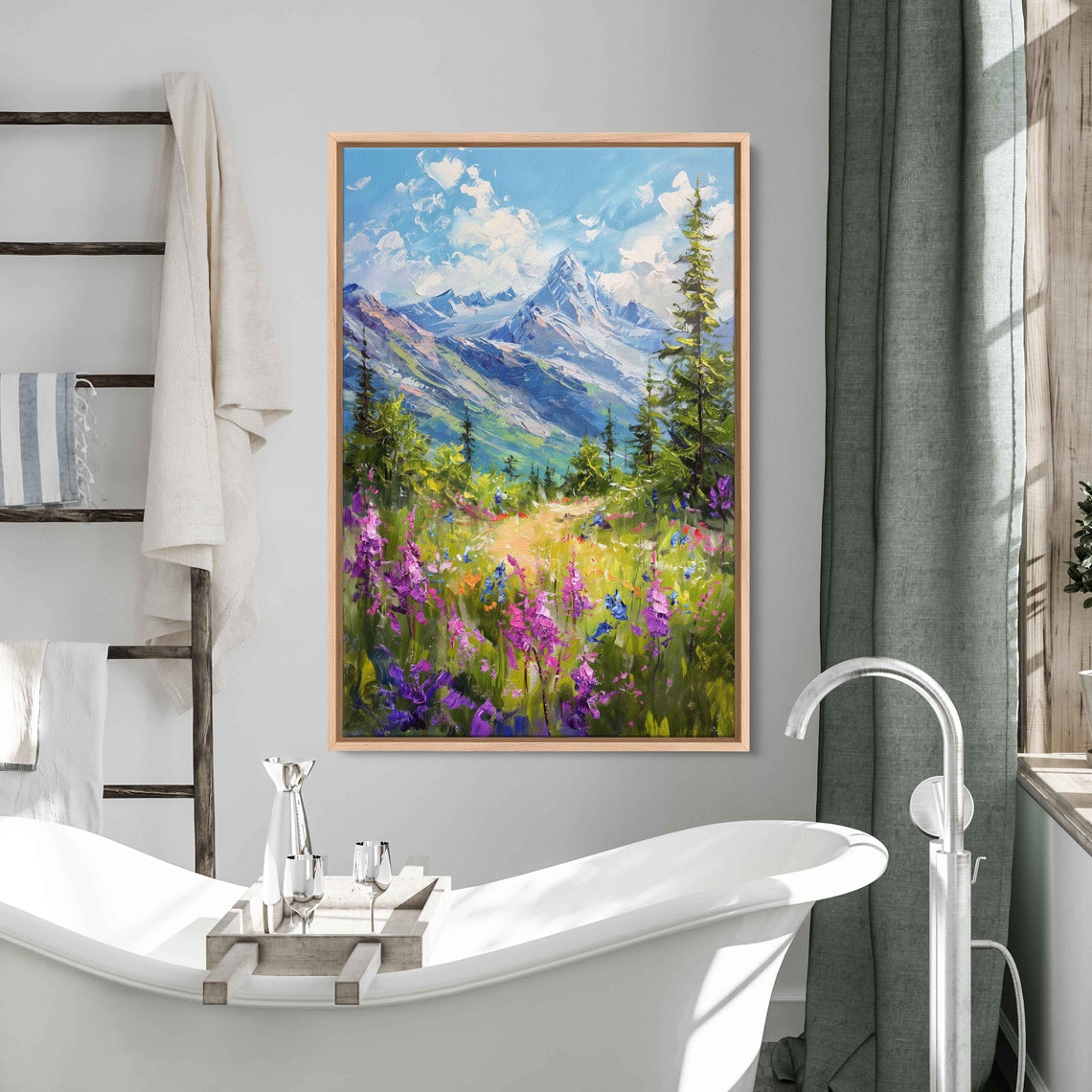 Alpine Wildflower Meadow Mountain Valley Snow Peak Summer Scene Poster