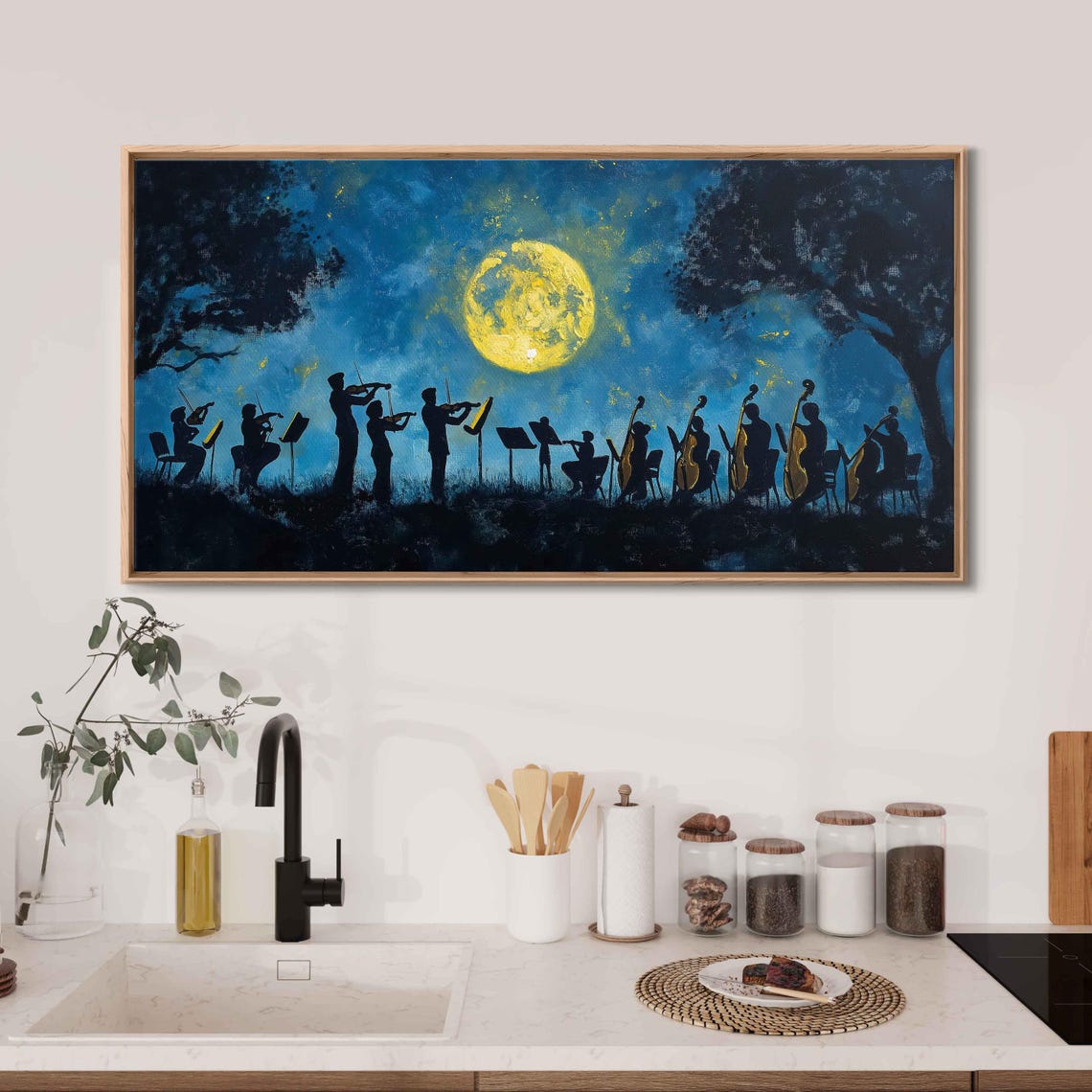 Symphony Under The Moon Wall Art Print Acrylic Painting Night Sky Musical Serenity