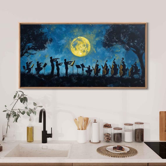 Symphony Under The Moon Wall Art Print Acrylic Painting Night Sky Musical Serenity