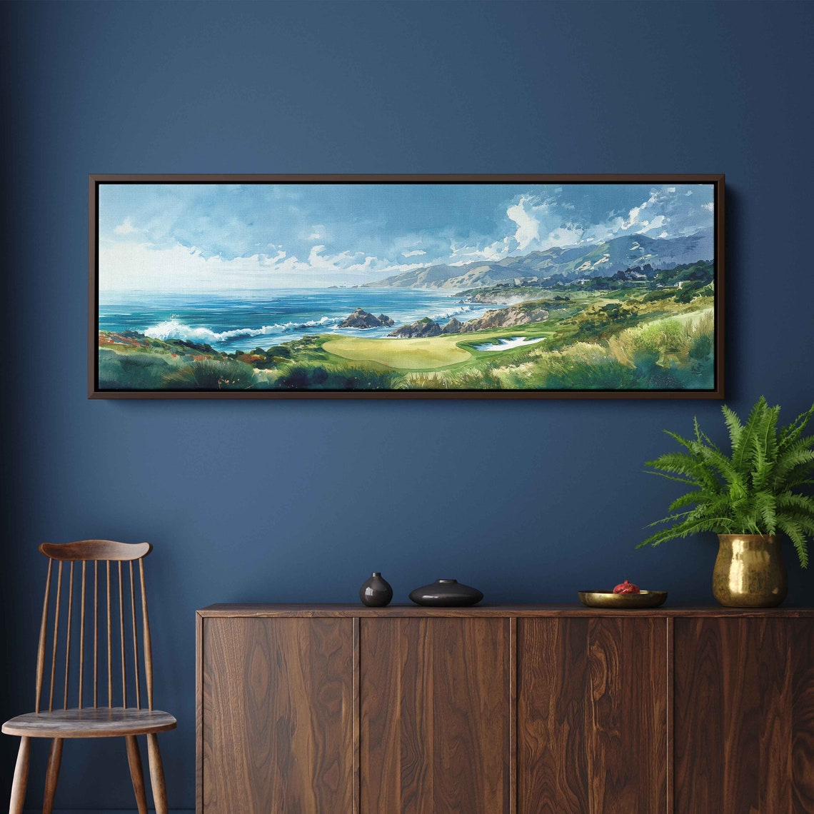 Seaside Golf Course Panoramic Watercolor Coastal Green Sports Wall Art