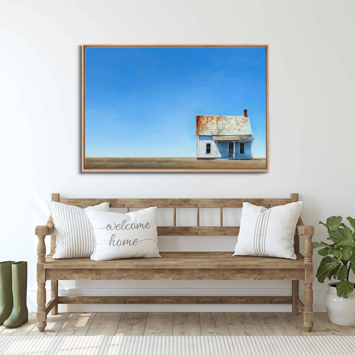 Minimalist Lone Farmhouse Vast Blue Sky Weathered White Cottage Art - Image 3