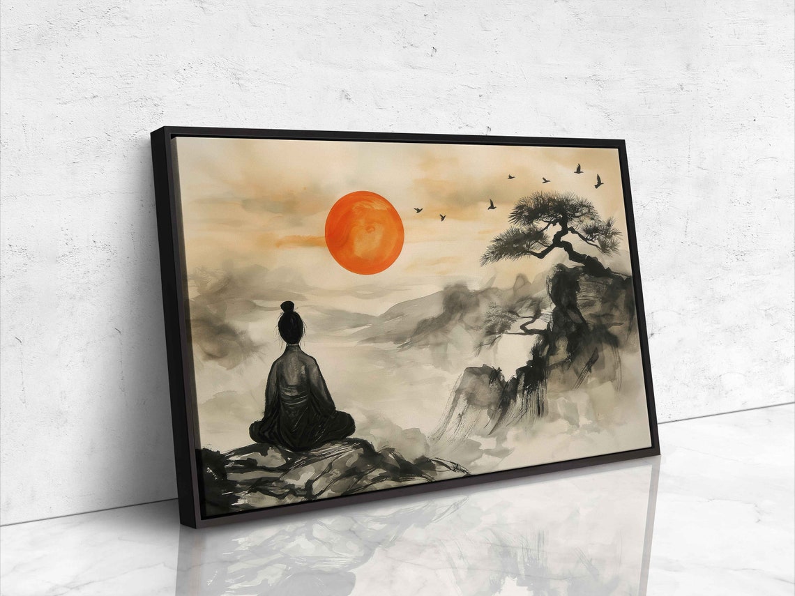 Meditation Under Red Sun Japanese Ink Painting Pine Bonsai Poster - Image 4
