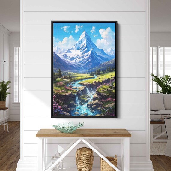 Snowy Cloudy Mountain Painting With Winding River Print On Framed Options Ready To Hang