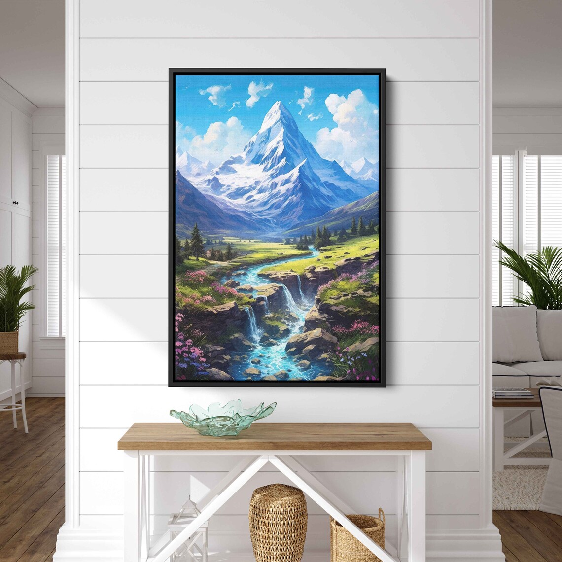 Snowy Cloudy Mountain Painting With Winding River Print On Framed Options Ready To Hang