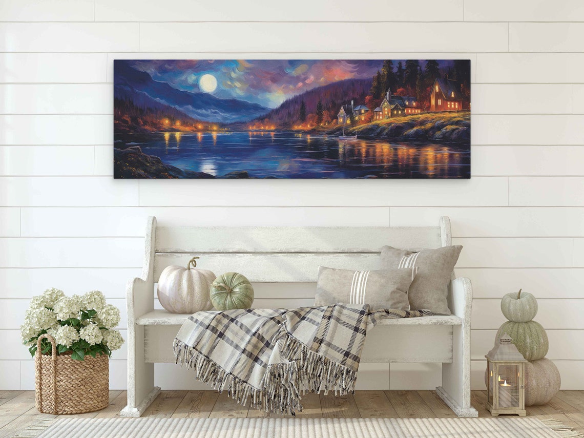 Panoramic Starry Night Sky Coastal Town Framed Print Ready To Hang Lake View Art Moonlight Landscape - Image 2