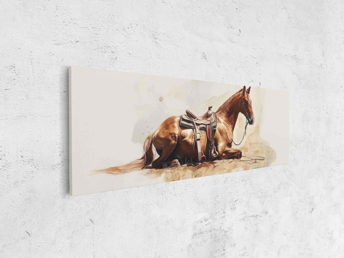 Saddled Chestnut Horse Resting Watercolor Minimalist Wall Poster - Image 4