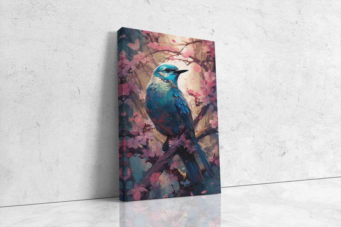 Blue Bird Perched In Cherry Blossoms Spring Wildlife Art Poster - Image 4