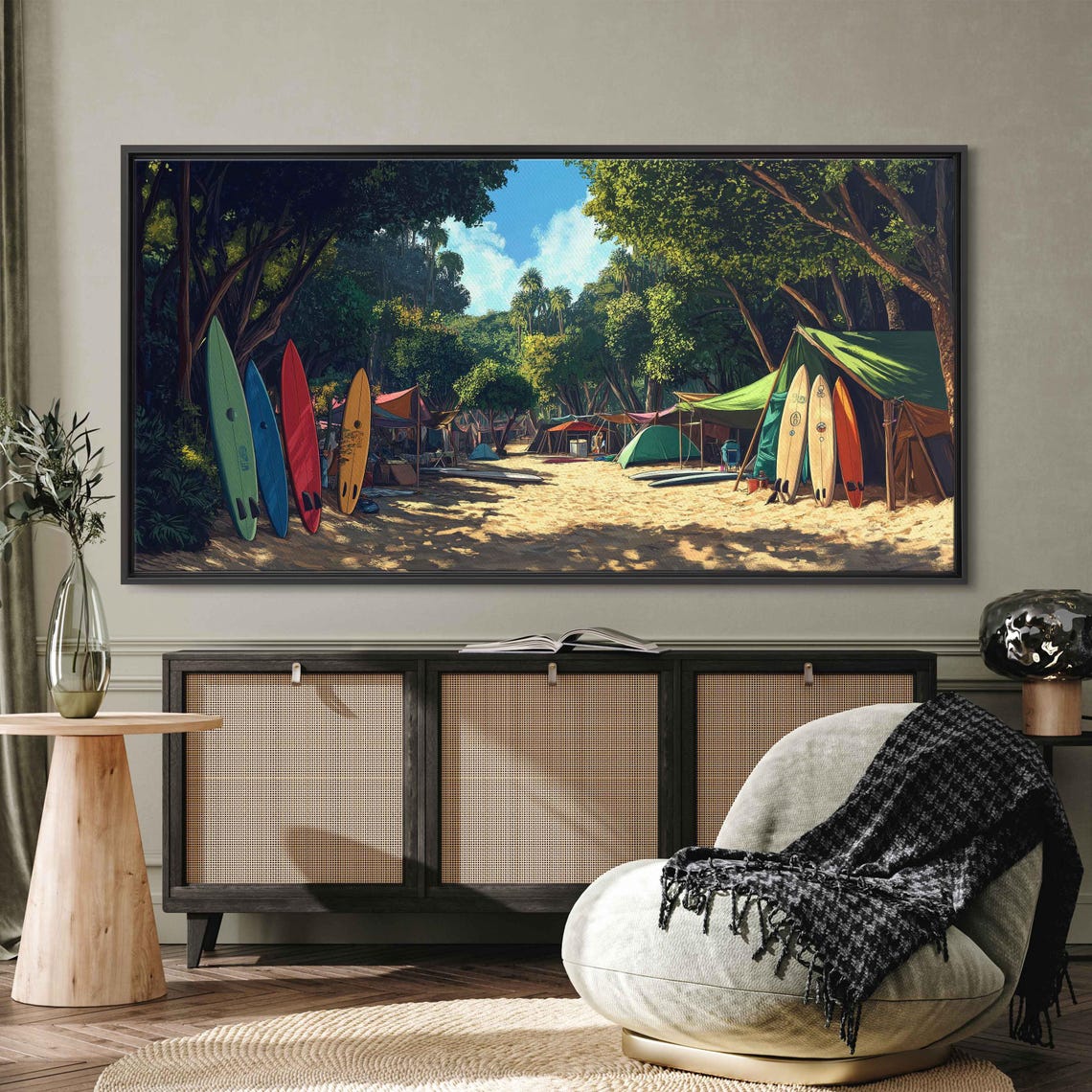 Surfboards Resting In Surf Camp Wall Art Print Beach Life Tropical Island Gift For Surfer Palm Trees Ready To Hang