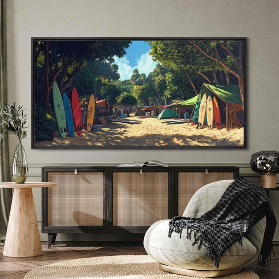 Surfboards Resting In Surf Camp Wall Art Print Beach Life Tropical Island Gift For Surfer Palm Trees Ready To Hang