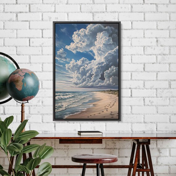 Towering Cumulus Clouds Beach Shore Sandy Footprints Ocean Art Poster
