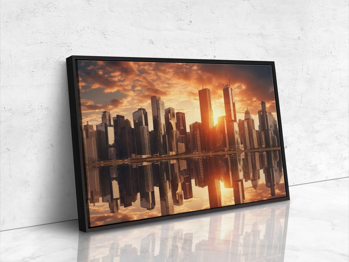 City Skyline At Sunset Framed Print Ready To Hang Urban Landscape Decor - Image 4