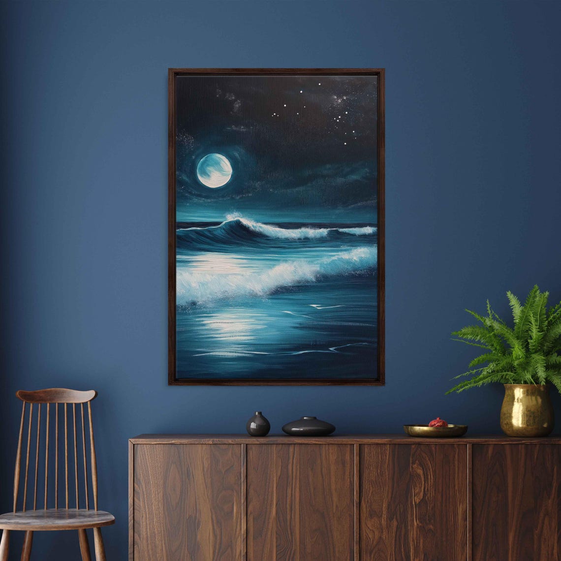 Ocean Waves Crashing Under Full Moon Acrylic Wall Art Print Moonlit Sea Starry Sky Serene Nightscape Ready To Hang - Image 3