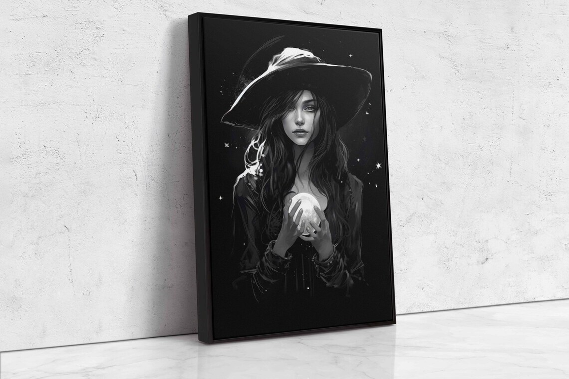 Witch Holding Crystal Ball Black White Wide Brim Hat Stars Halloween Art Print - Image 4