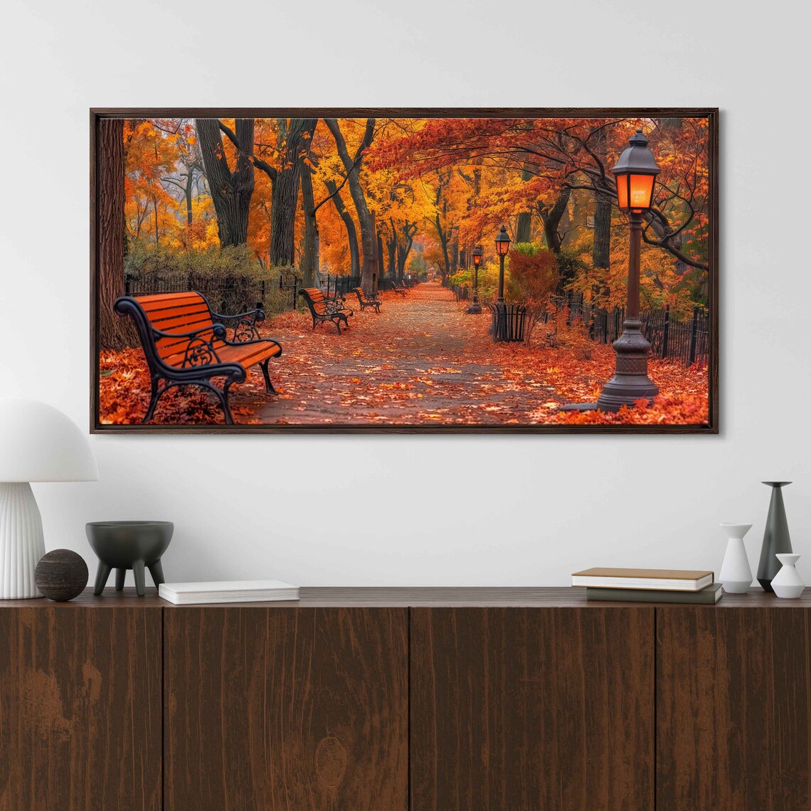 Autumn Park Alley Glowing Lamps Benches Red Foliage Photo Poster