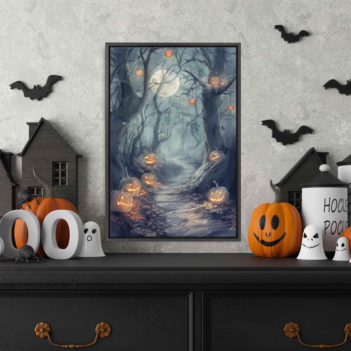 Enchanted Moonlit Forest Path Glowing Jack O Lanterns Spooky Night Print - Image 3
