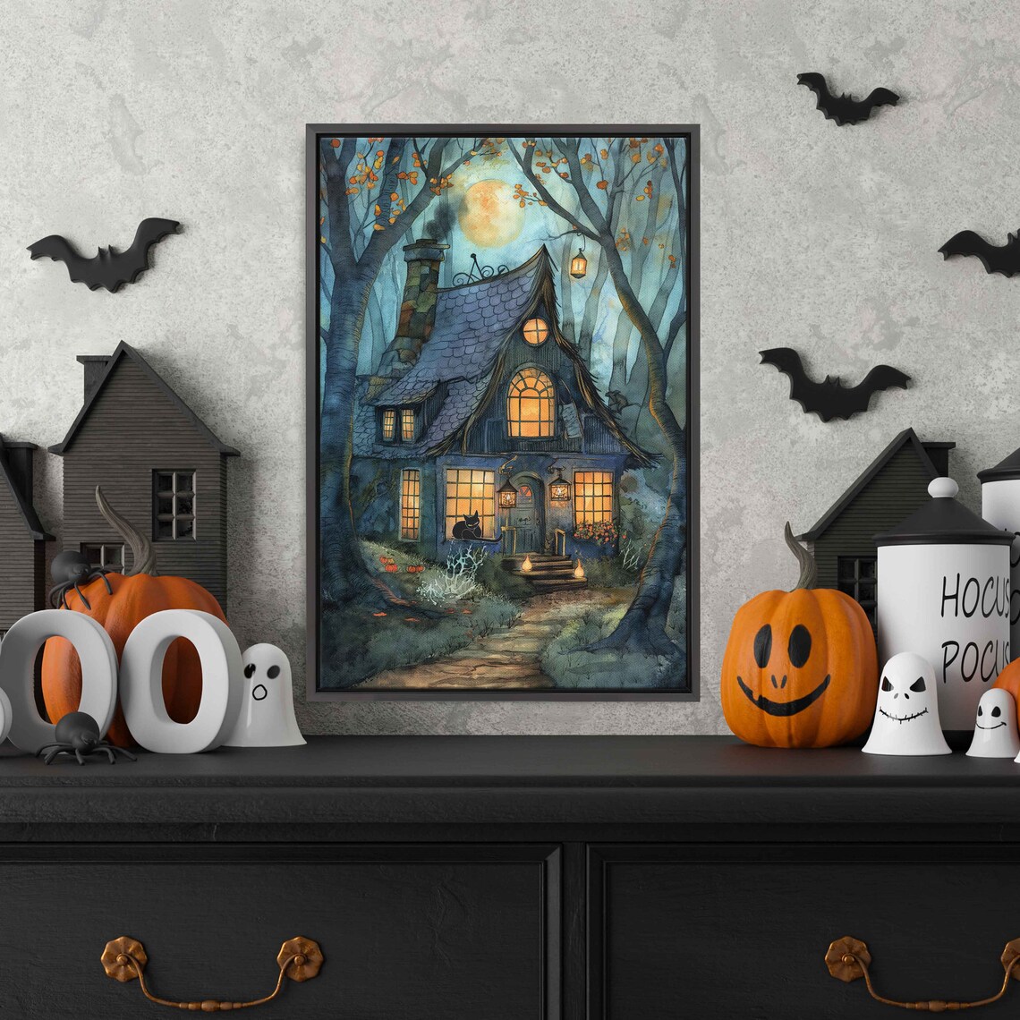 Moonlit Witches Cottage With Glowing Windows Black Cat In Autumn Forest Print