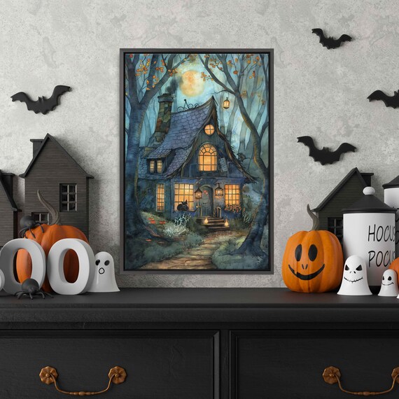 Moonlit Witches Cottage With Glowing Windows Black Cat In Autumn Forest Print