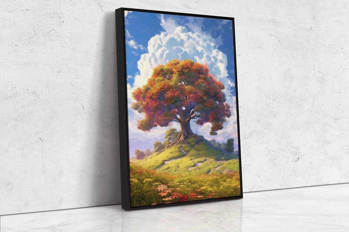 Colorful Ancient Tree In An Open Field Colorful Cloudy Skies Framed Print Ready To Hang - Image 4