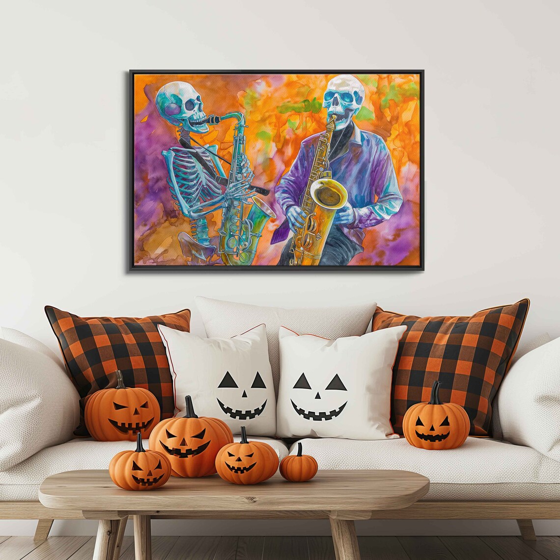 Skeletons Playing Saxophones Watercolor Jazz Halloween Poster