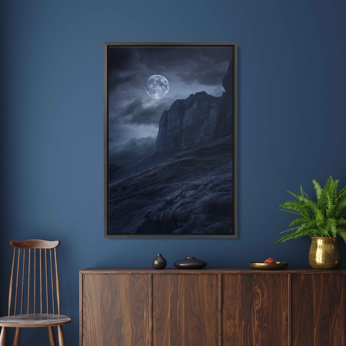 Full Moon Rising Over Dark Rocky Cliff Night Sky Clouds Poster - Image 2