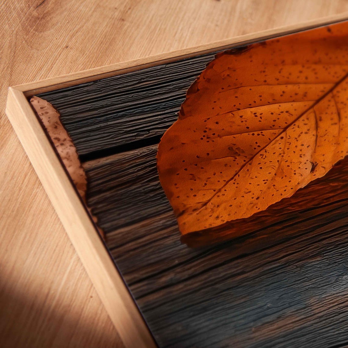 Latte Art Cup On Dark Rustic Wood Among Amber Leaves Photo Print - Image 2