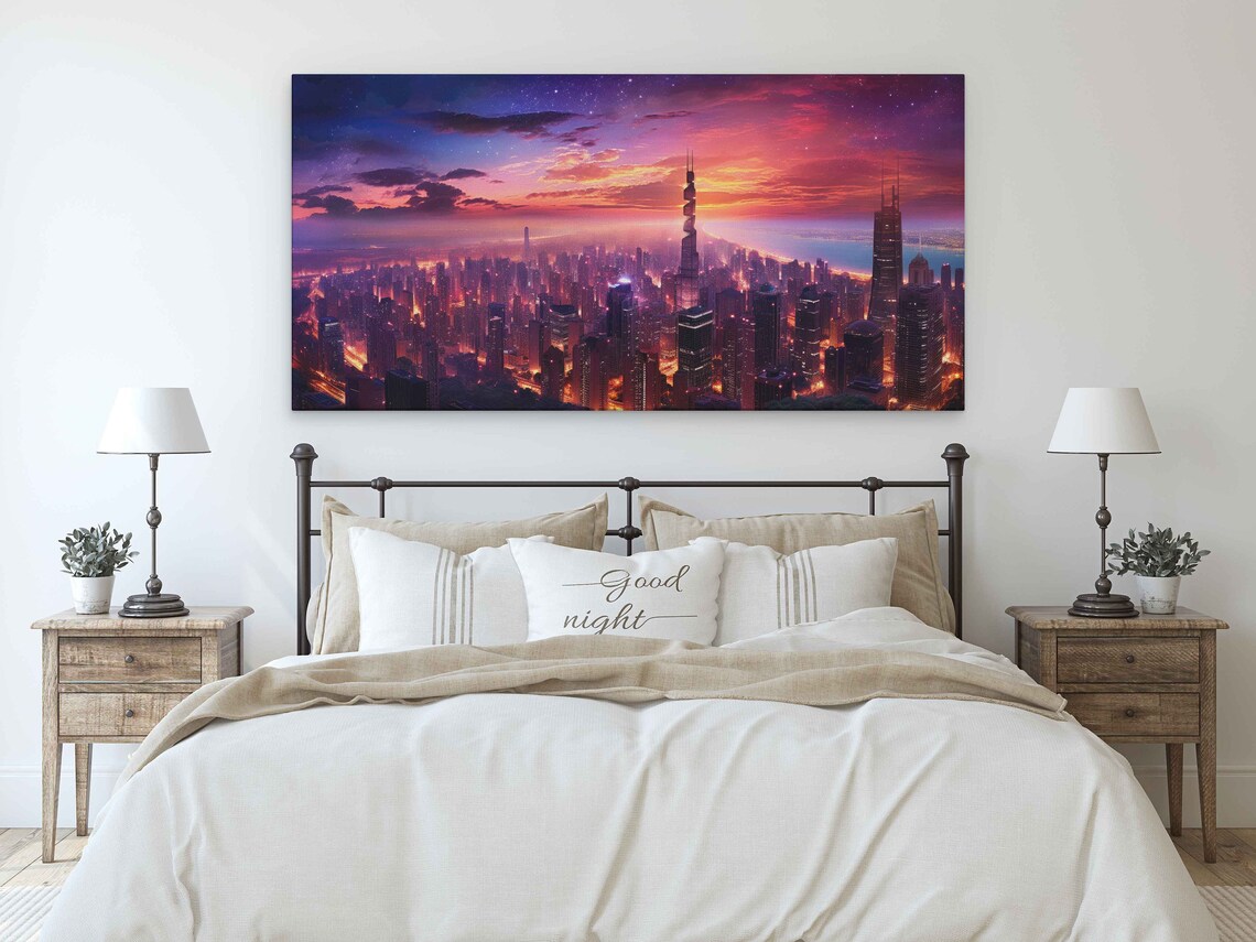 Neon City Skyline Aerial Dusk Purple Sky Futuristic Urban Poster - Image 3