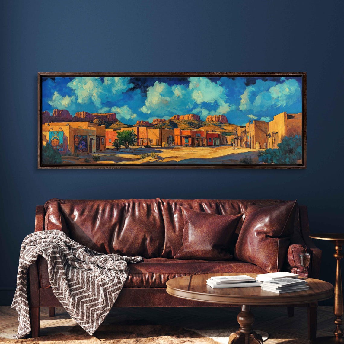 Adobe Desert Town Red Rock Mesas Blue Sky Panoramic Travel Poster