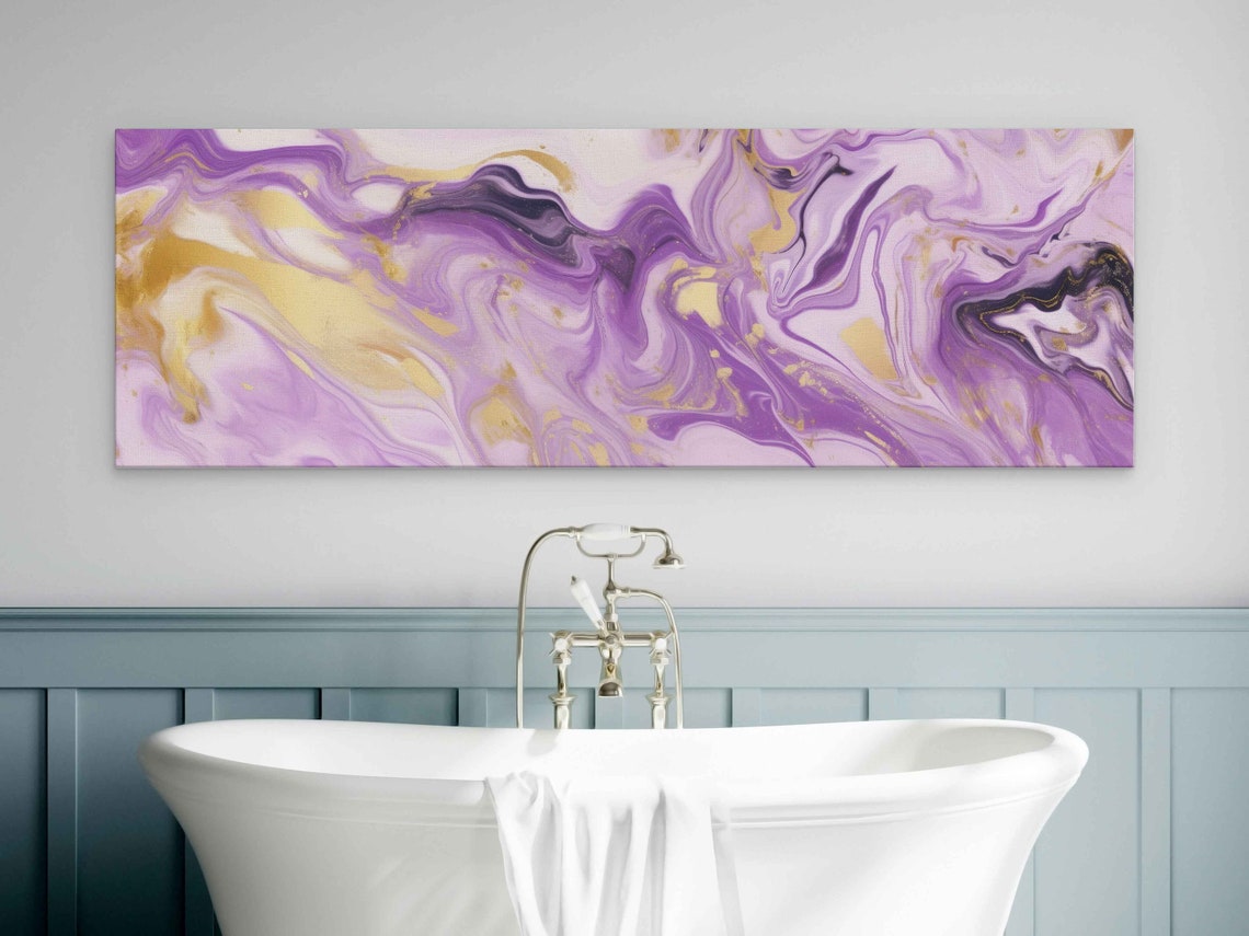 Vibrant Purple Gold Panoramic Marble Swirl Abstract Wall Art Poster