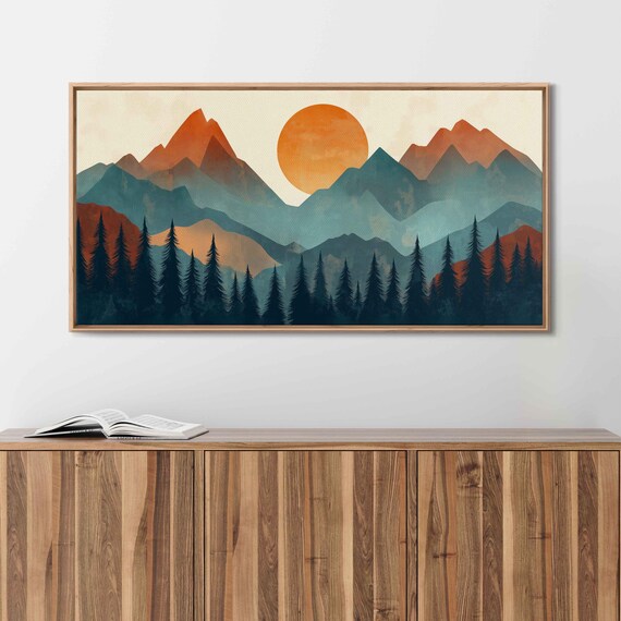 Woodcut Sunset Over Mountain Range And Forest Wall Art Print Nature Lover Outdoors Scenery Gift For Hiker Ready To Hang