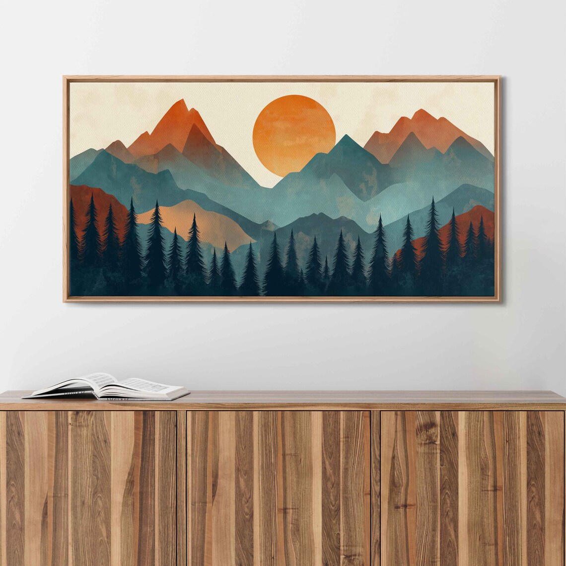 Woodcut Sunset Over Mountain Range And Forest Wall Art Print Nature Lover Outdoors Scenery Gift For Hiker Ready To Hang