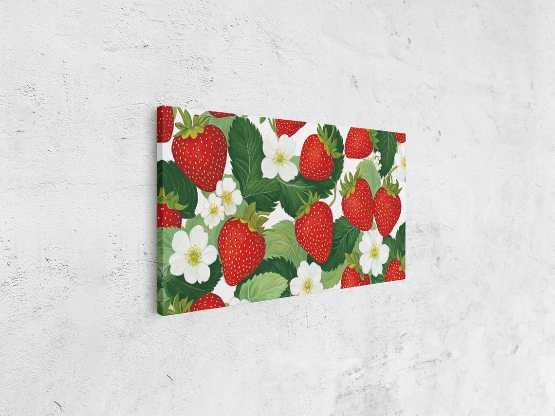 Vintage Strawberry Pattern With Blossoms And Leaves Art Print - Image 4