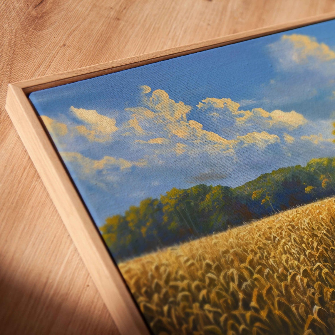 Golden Wheat Field Farmhouse Dirt Road Dramatic Cloudy Sky Painting - Image 2