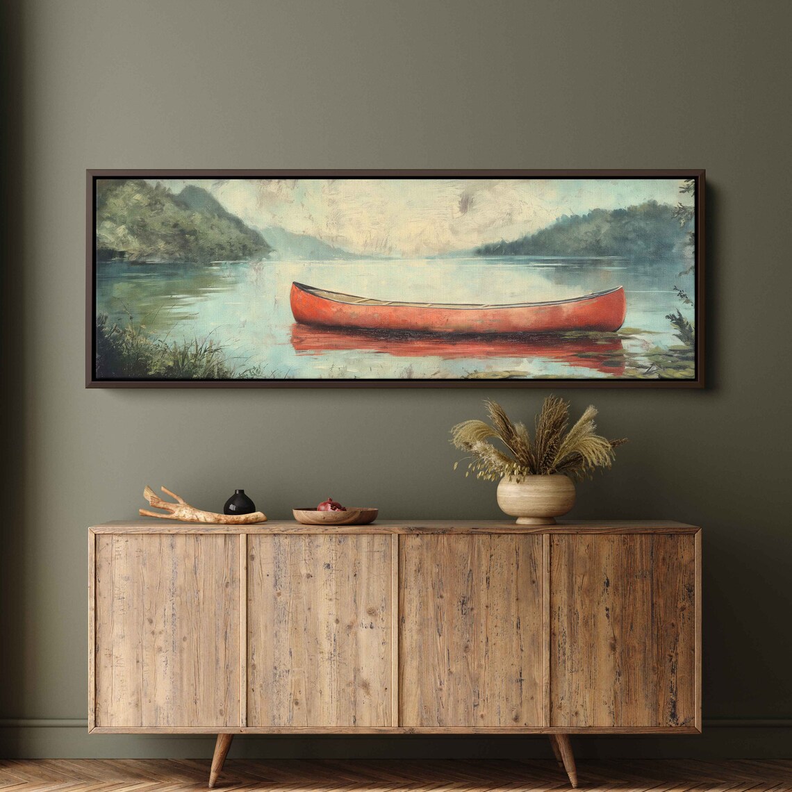 Vintage Wooden Canoe in Lake, Oil Wall Art Print