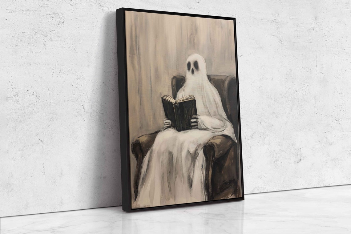 Ghost Reading Book In Cozy Armchair Halloween Painting Poster - Image 4