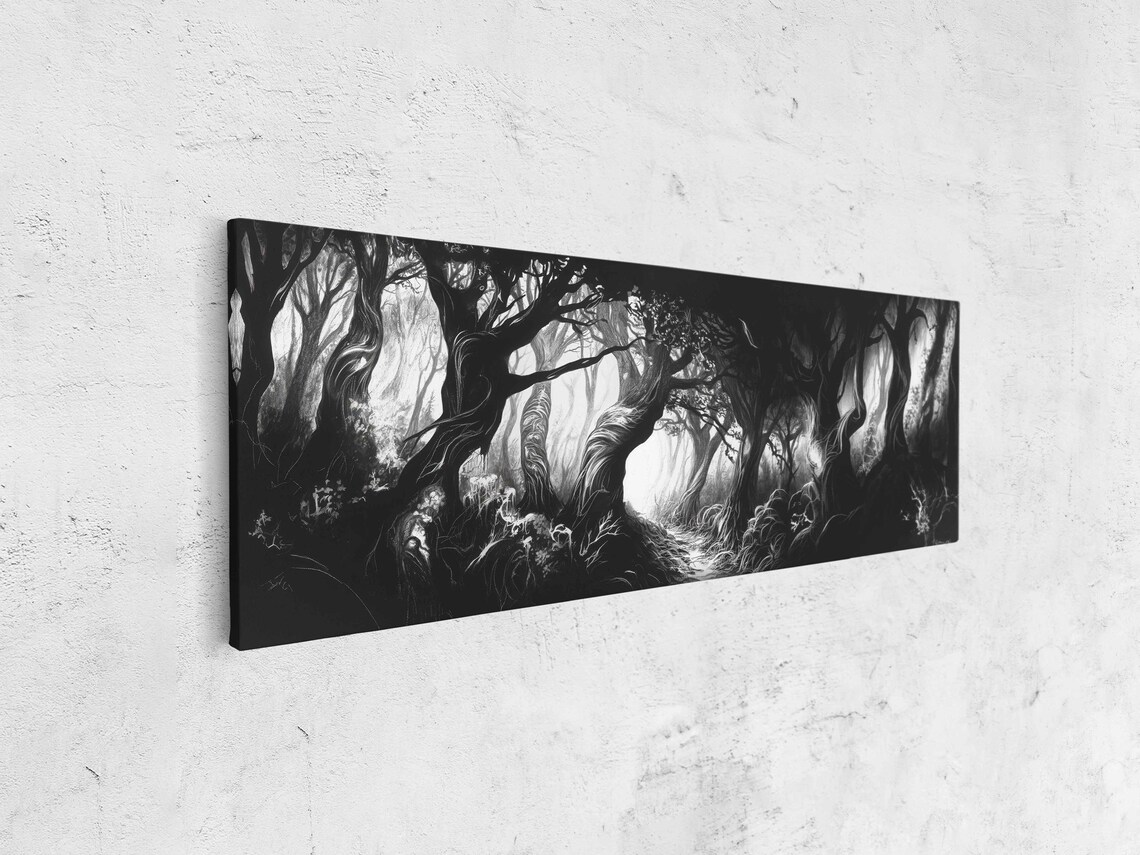 Winding Path Through Dark Twisted Forest Night Ink Halloween Art Poster - Image 4