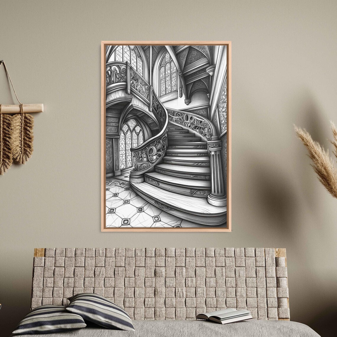 Winding Ornate Gothic Staircase With Stained Glass Spooky Ink Art Poster