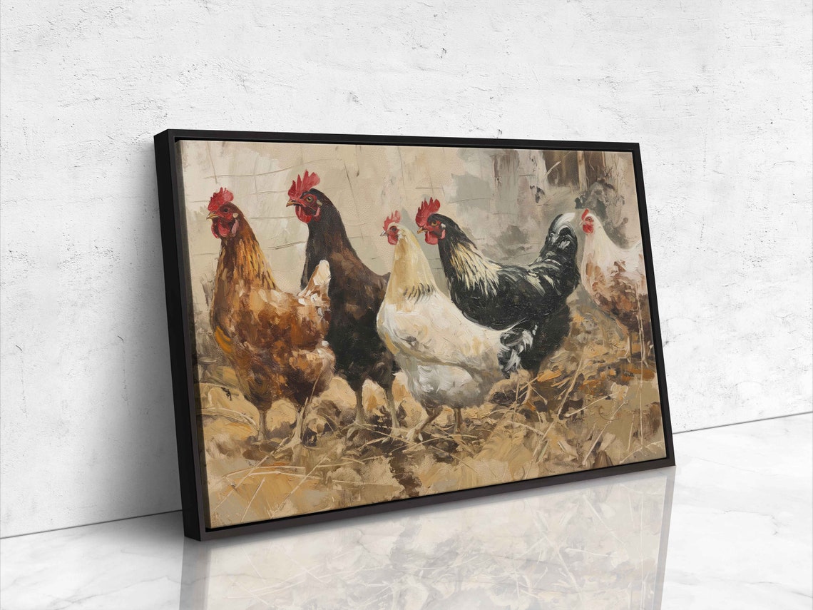 Five Chickens Roosters Close Up Rustic Straw Farm Portrait Painting - Image 4