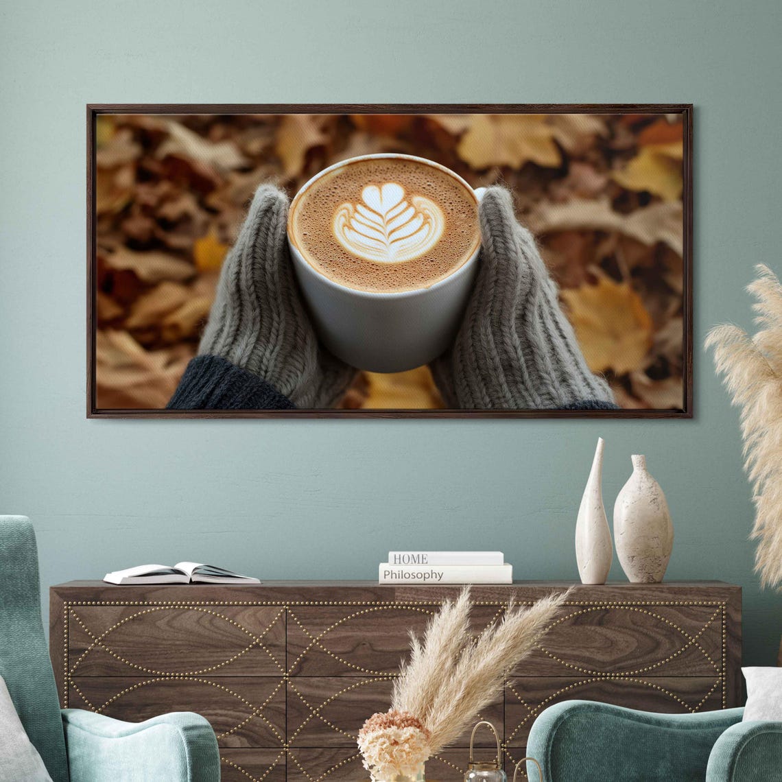 Knit Gloved Hands Holding Warm Latte Mug With Heart Leaf Art Print