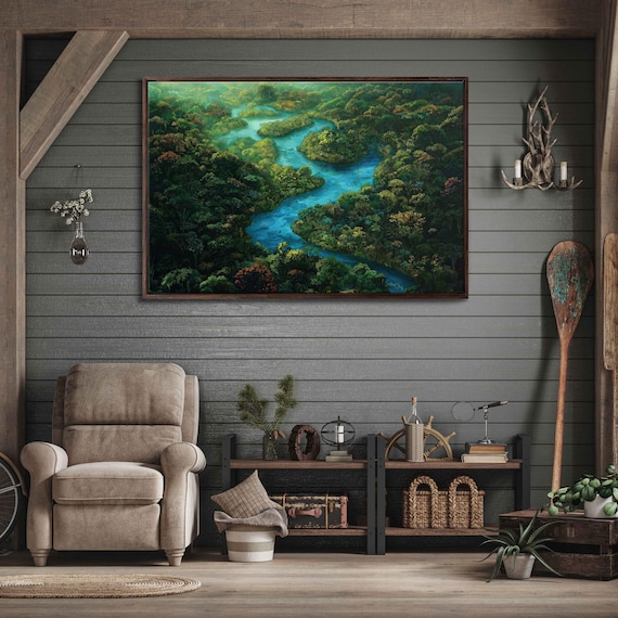 Amazon River Through Rainforest Wall Art Print Vibrant Wildlife Colorful Greens And Blues