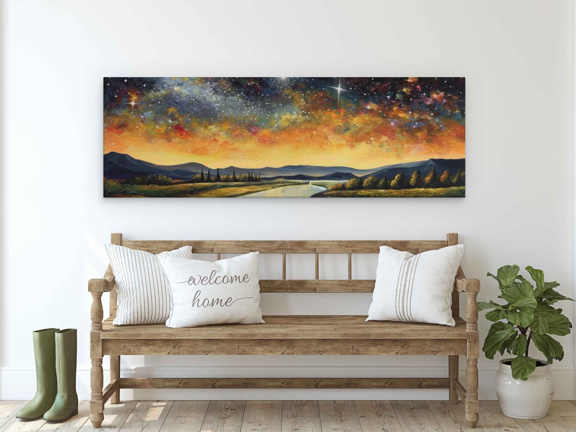 Starry Night River Valley Panoramic Golden Galaxy Sky Mountains Art Poster - Image 3
