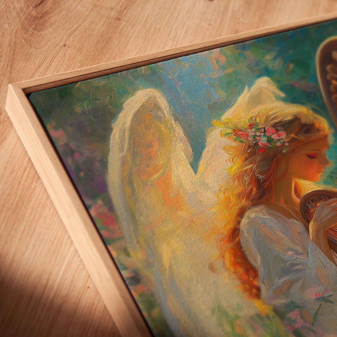 Angel Playing Harp in Flower Fields Art Print - Image 2