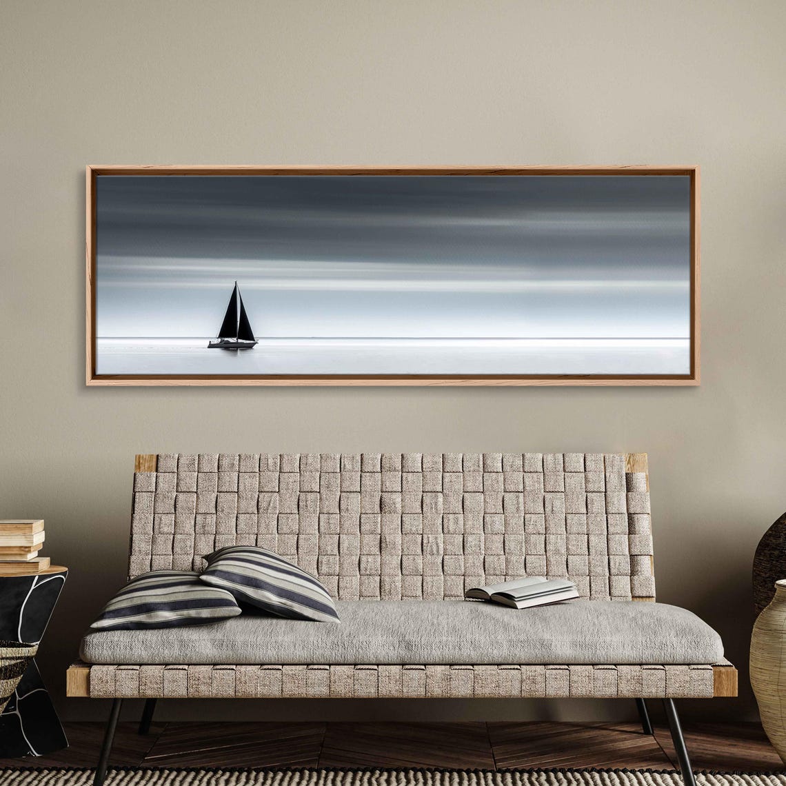 Tiny Sailboat On Misty Gray Sea Black White Panoramic Poster - Image 3