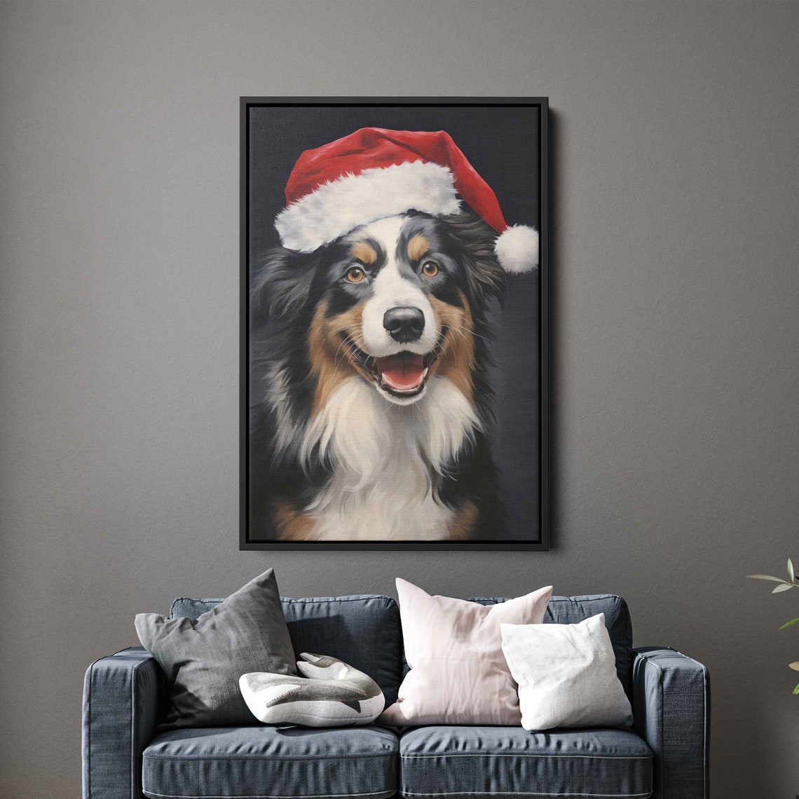 Australian Shepherd Black Tricolor Santa Hat Portrait Poster - Image 4