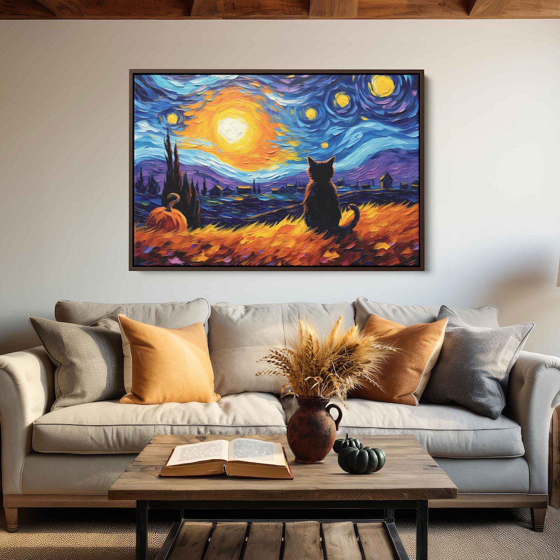Black Cat Halloween, Van Gogh-Inspired Art Print - Image 2